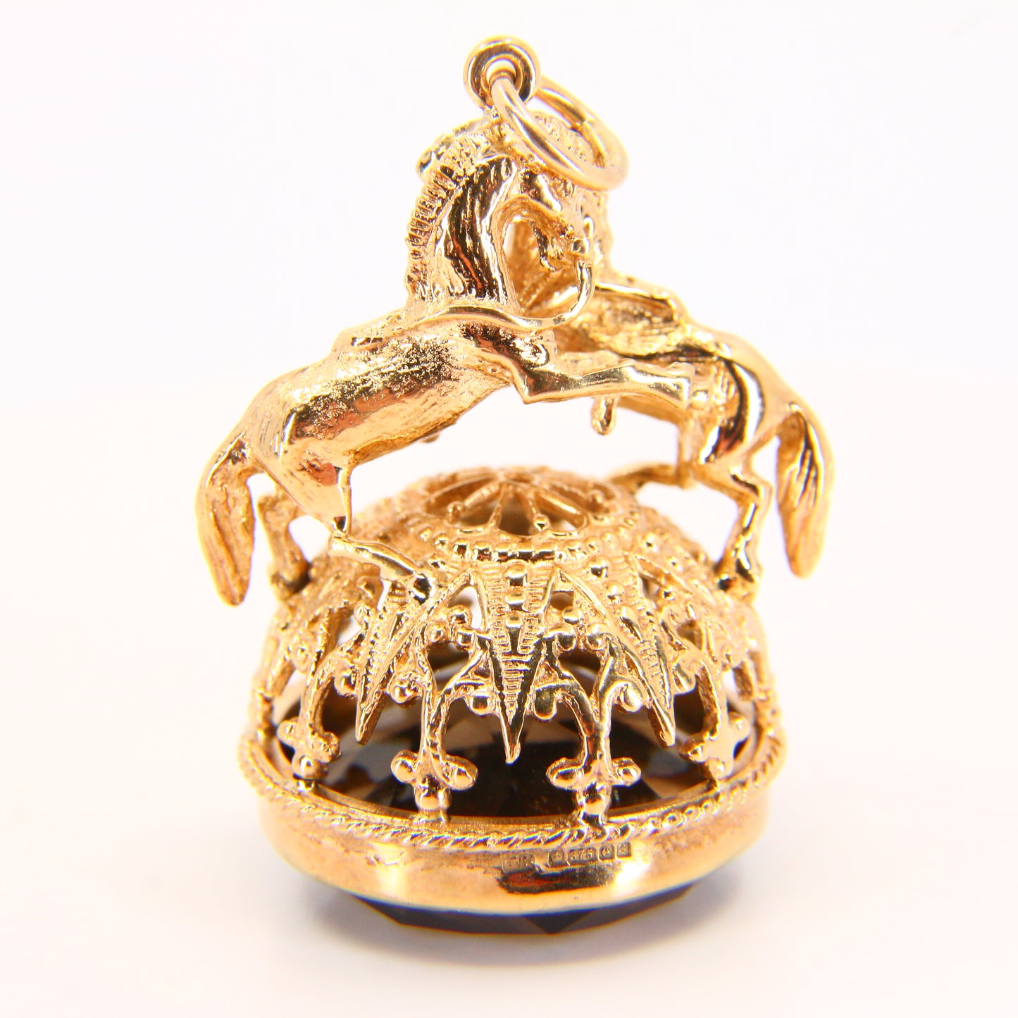 Vintage 9ct British 2 Horse Equine Citrine Drop Pendant Yellow Gold Hallmarked 1981 Charm