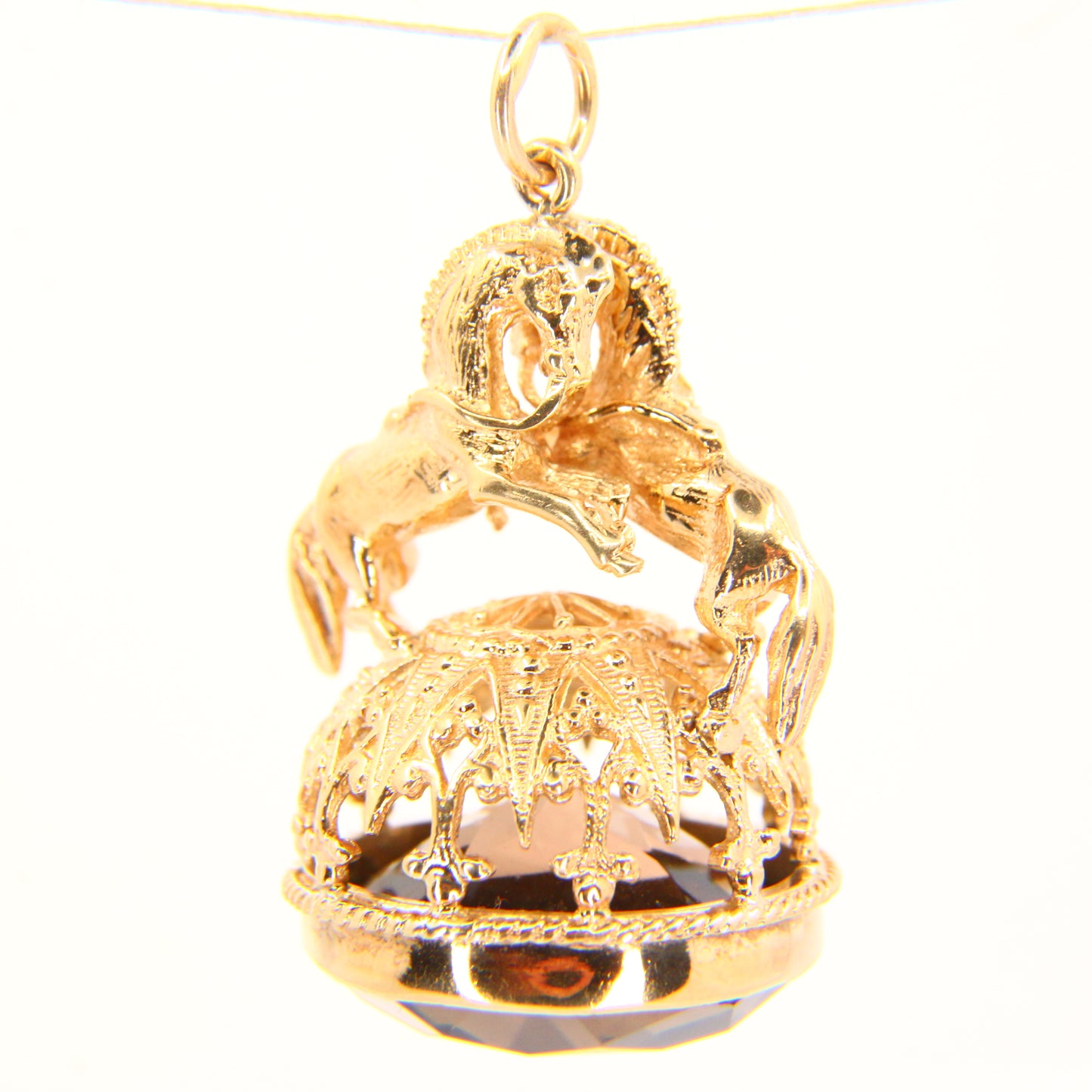Vintage 9ct British 2 Horse Equine Citrine Drop Pendant Yellow Gold Hallmarked 1981 Charm