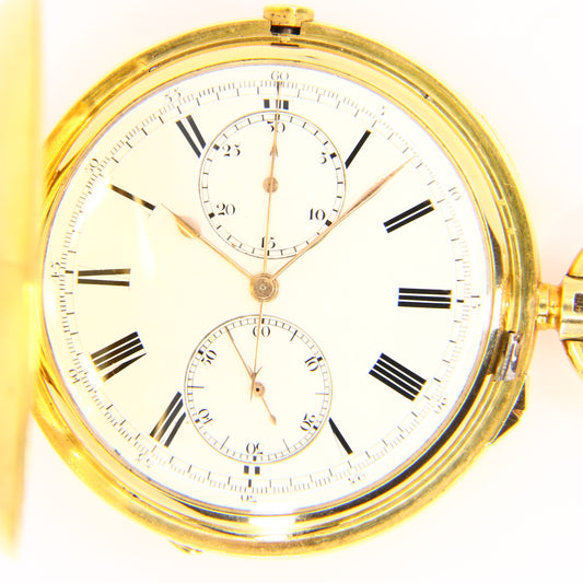 Antique 18 Carat Gold Chronograph Pocket Watch Free Sprung Minute Recording Boxed Running
