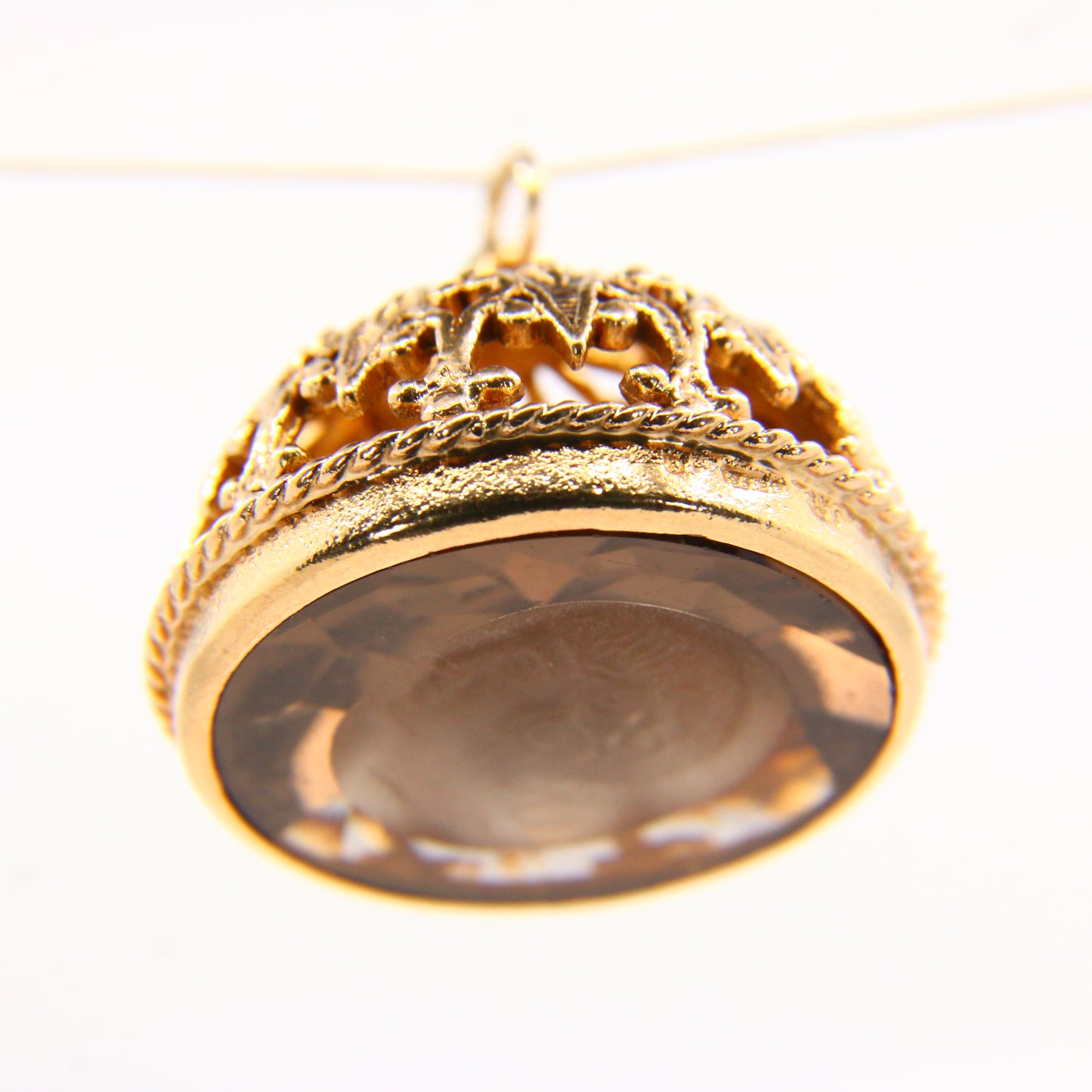 Vintage 9ct Drop Fob Pendant Citrine Cameo Seal 9 Carat Yellow Gold Charm Gift