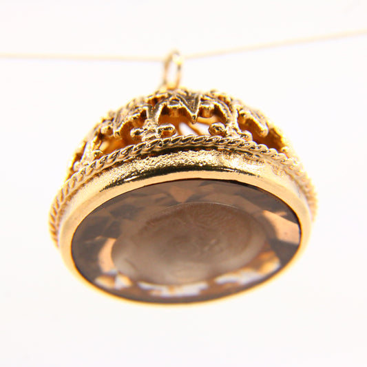 Vintage 9ct Drop Fob Pendant Citrine Cameo Seal 9 Carat Yellow Gold Charm Gift