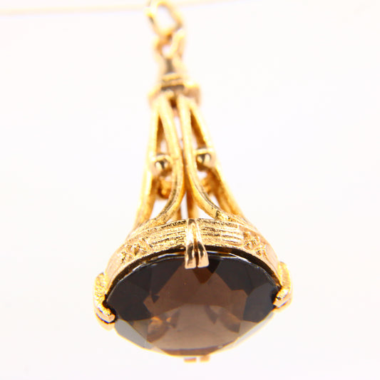 Vintage 9ct Gold Drop Fob Pendant Smoky Quartz Hallmarked Yellow Gold Charm Gift
