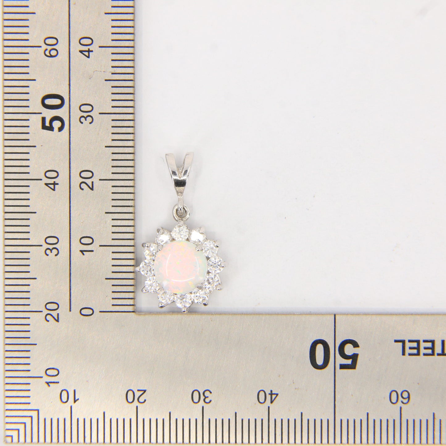 Vintage 14K White Gold Opal & CZ Cluster Pendant Round Halo Charm Gift