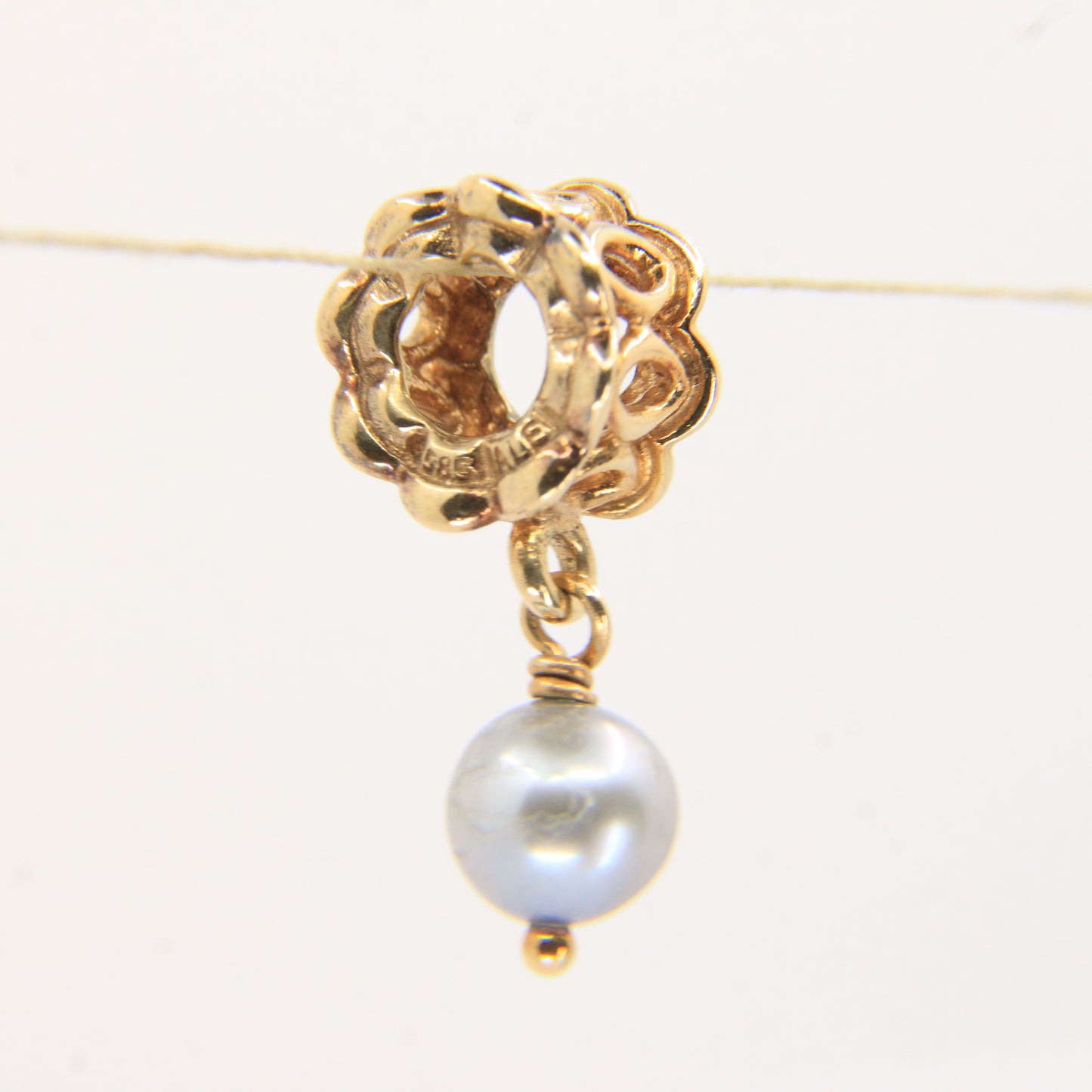 Pandora 14ct Solid Gold Hanging Pearl Charm Yellow Gold Bracelet Bead Non-Threaded