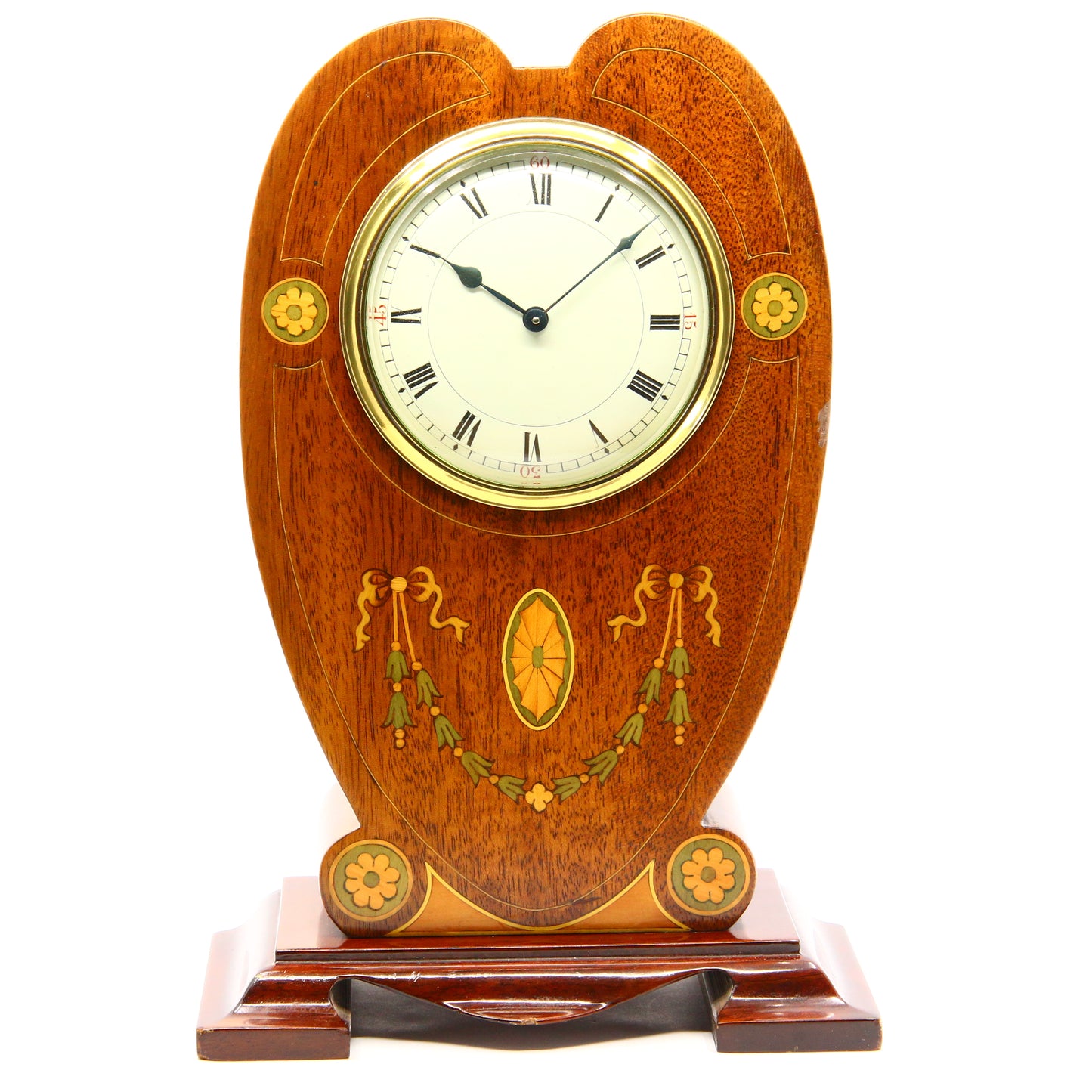Antique Edwardian Mahogany Art Nouveau Inlaid Mantel Clock Floral 8 Day Running