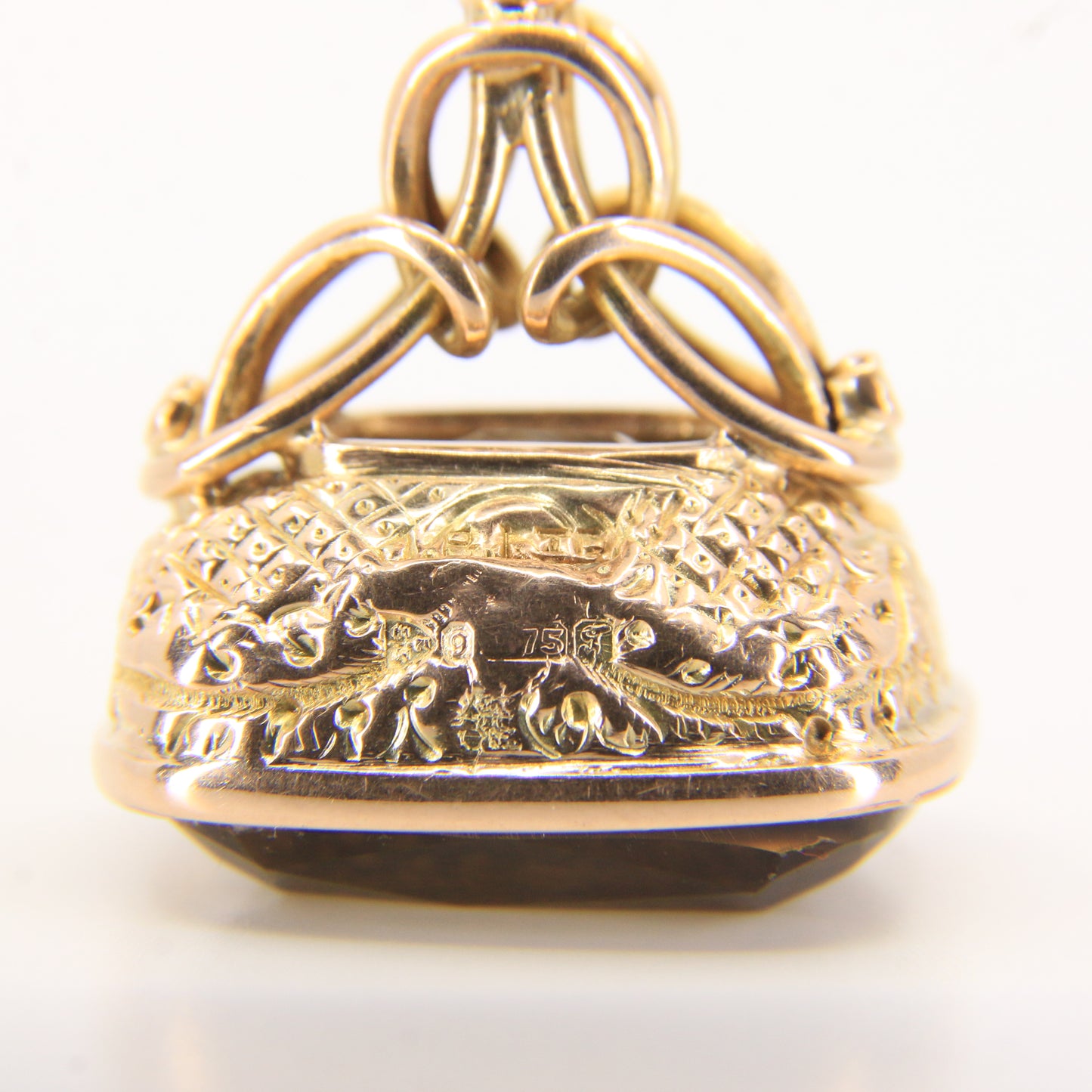 Antique 9ct Yellow Gold Citrine Fob Pendant Charm Ornate Drop Victorian Style