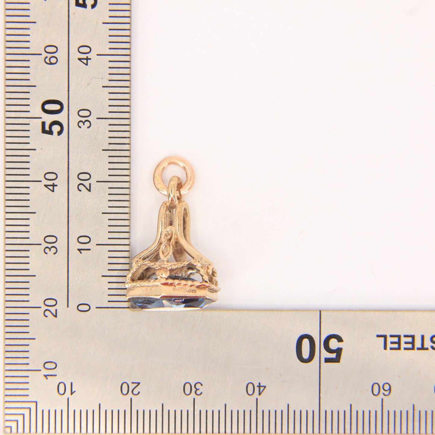 Vintage 9ct Hallmarked Blue Spinel Drop Fob Pendant Charm 9 Carat Yellow Gold