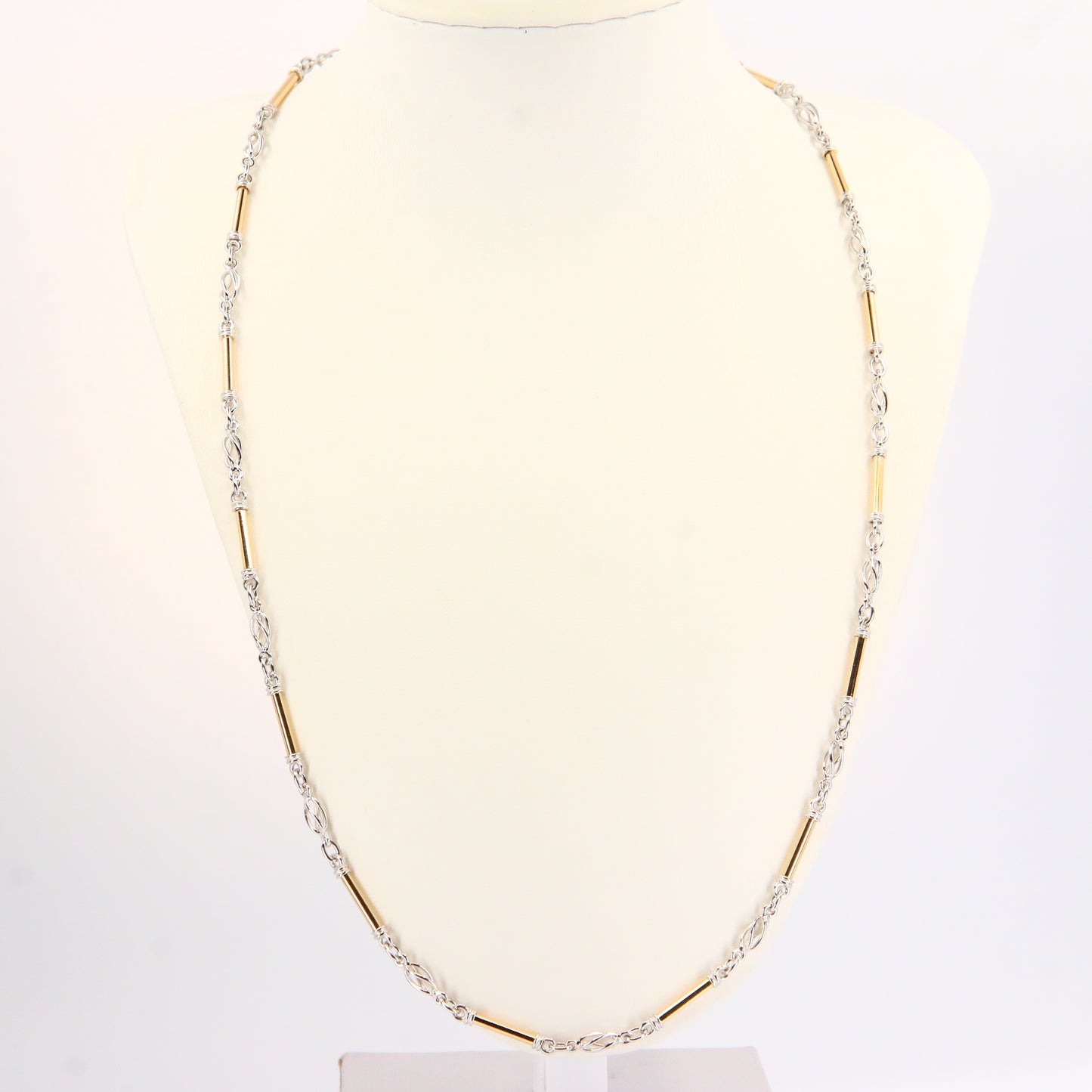 Vintage 9ct Yellow & White Gold Chain Barrel Necklace 24 INCH Art Nouveau Boxed Gift