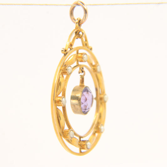Antique 9ct Gold Edwardian Amethyst Seed Pearl Circle Drop Pendant Charm