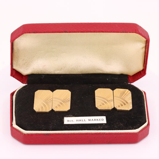 Vintage 9ct Hallmarked Yellow Gold Sunburst Engine Turned Cufflinks Boxed Gift