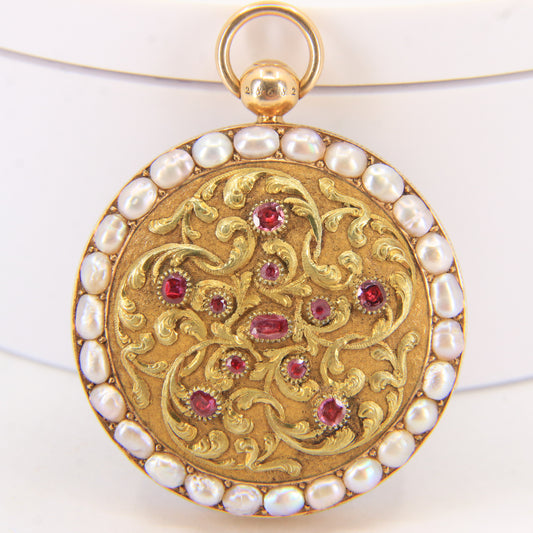 Antique 18ct Gold 37 mm French Fob Pocket Watch Pearl Ruby Set Fusee Movement c1840