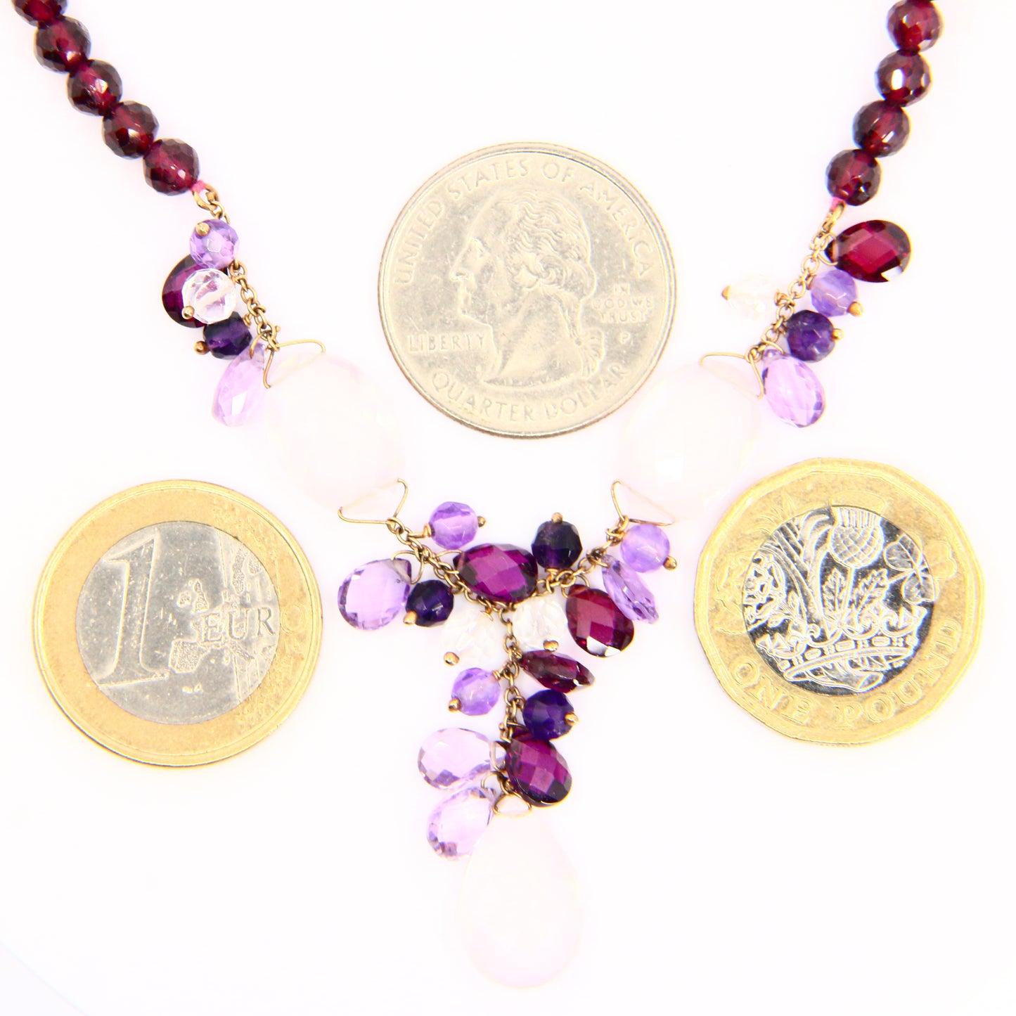 Vintage 9ct Amethyst Rose Quart Garnet Drop Bead Necklace Yellow Gold Boxed