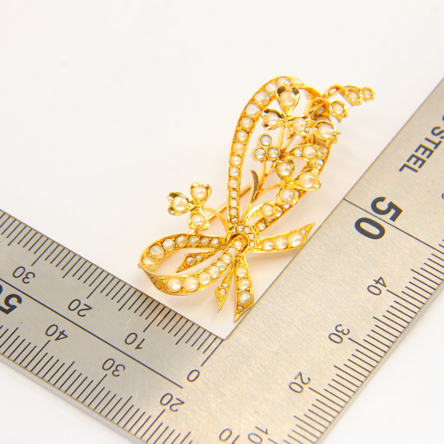 Antique 18ct Floral Bow Brooch 18 Carat Gold Pearl Dot Brooch Yellow Gold Boxed