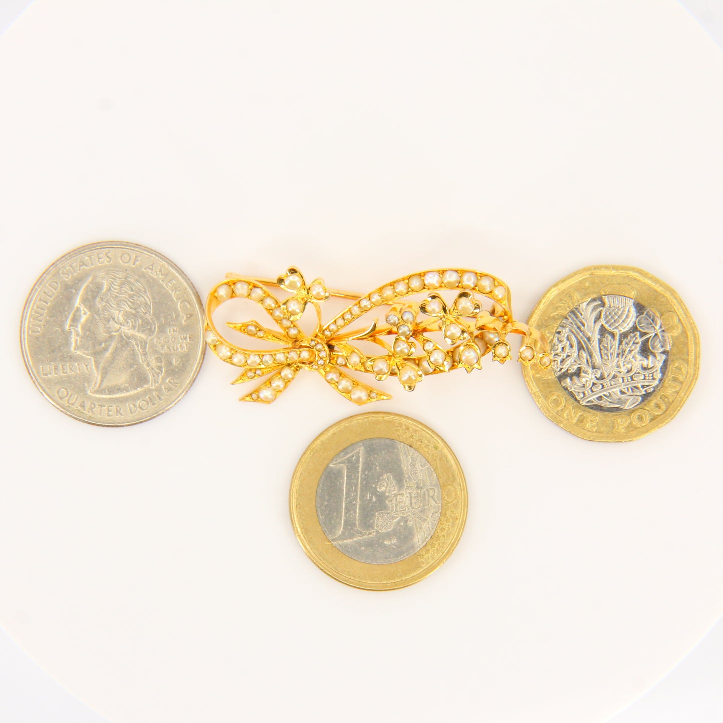 Antique 18ct Floral Bow Brooch 18 Carat Gold Pearl Dot Brooch Yellow Gold Boxed