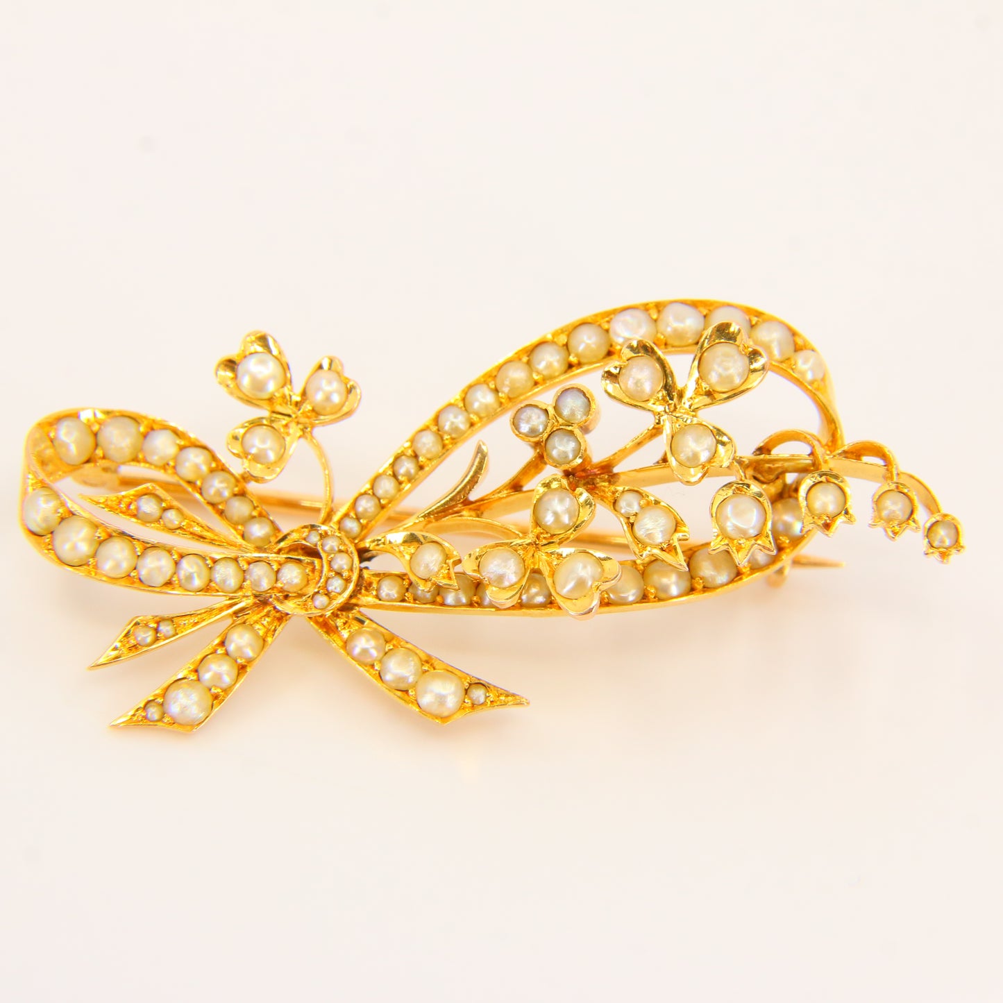 Antique 18ct Floral Bow Brooch 18 Carat Gold Pearl Dot Brooch Yellow Gold Boxed