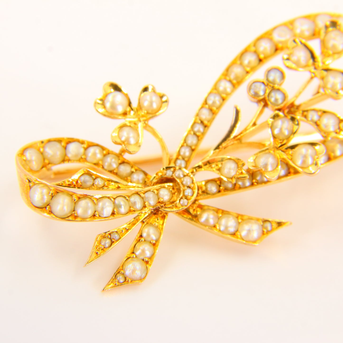 Antique 18ct Floral Bow Brooch 18 Carat Gold Pearl Dot Brooch Yellow Gold Boxed