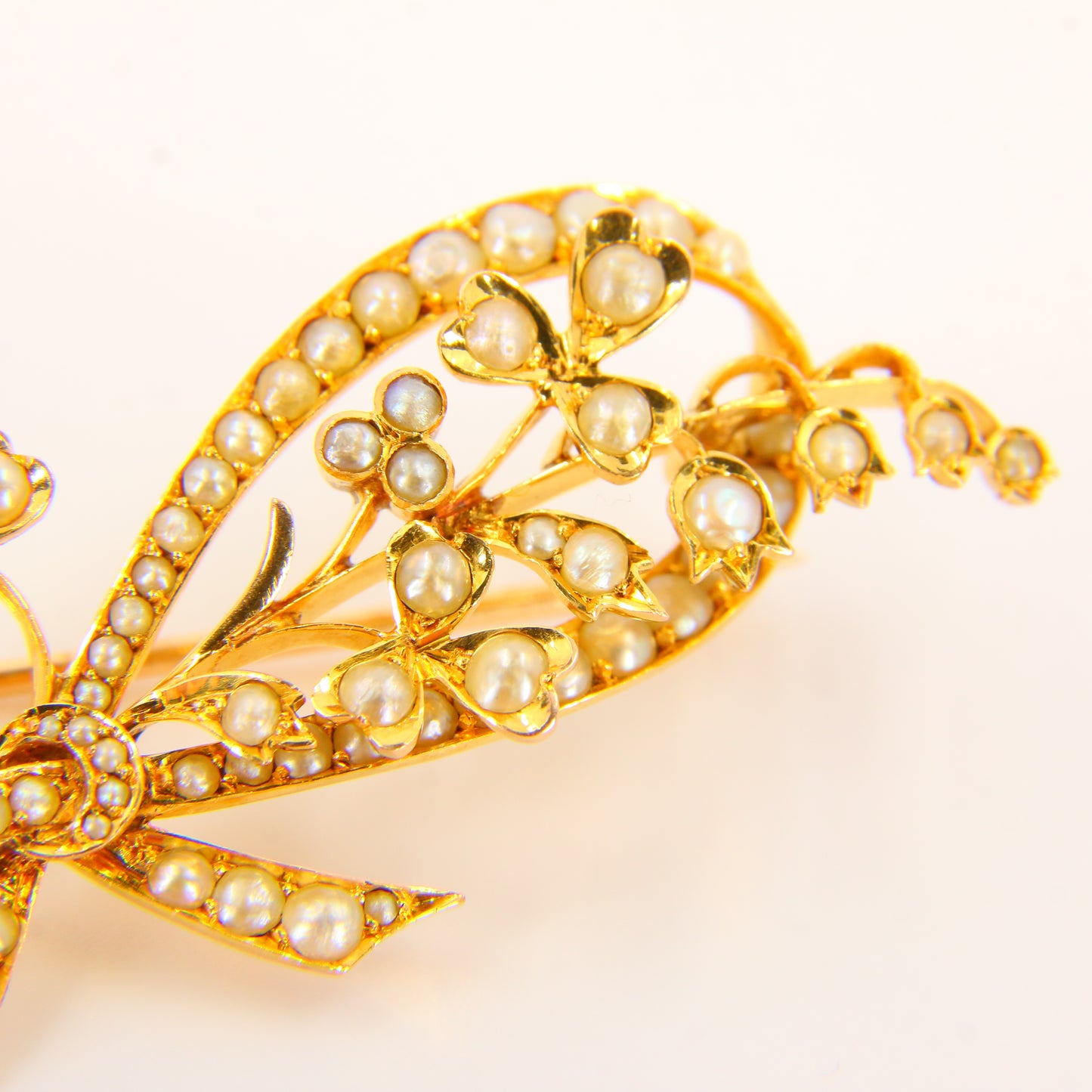 Antique 18ct Floral Bow Brooch 18 Carat Gold Pearl Dot Brooch Yellow Gold Boxed