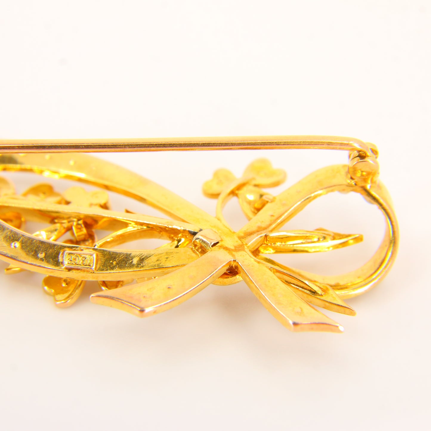 Antique 18ct Floral Bow Brooch 18 Carat Gold Pearl Dot Brooch Yellow Gold Boxed