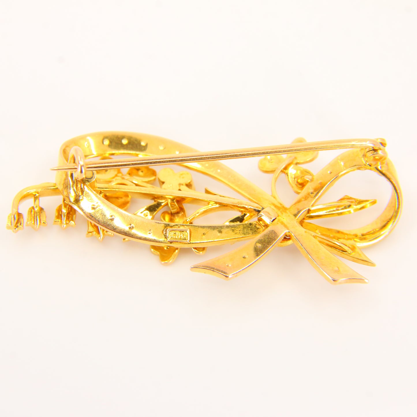 Antique 18ct Floral Bow Brooch 18 Carat Gold Pearl Dot Brooch Yellow Gold Boxed