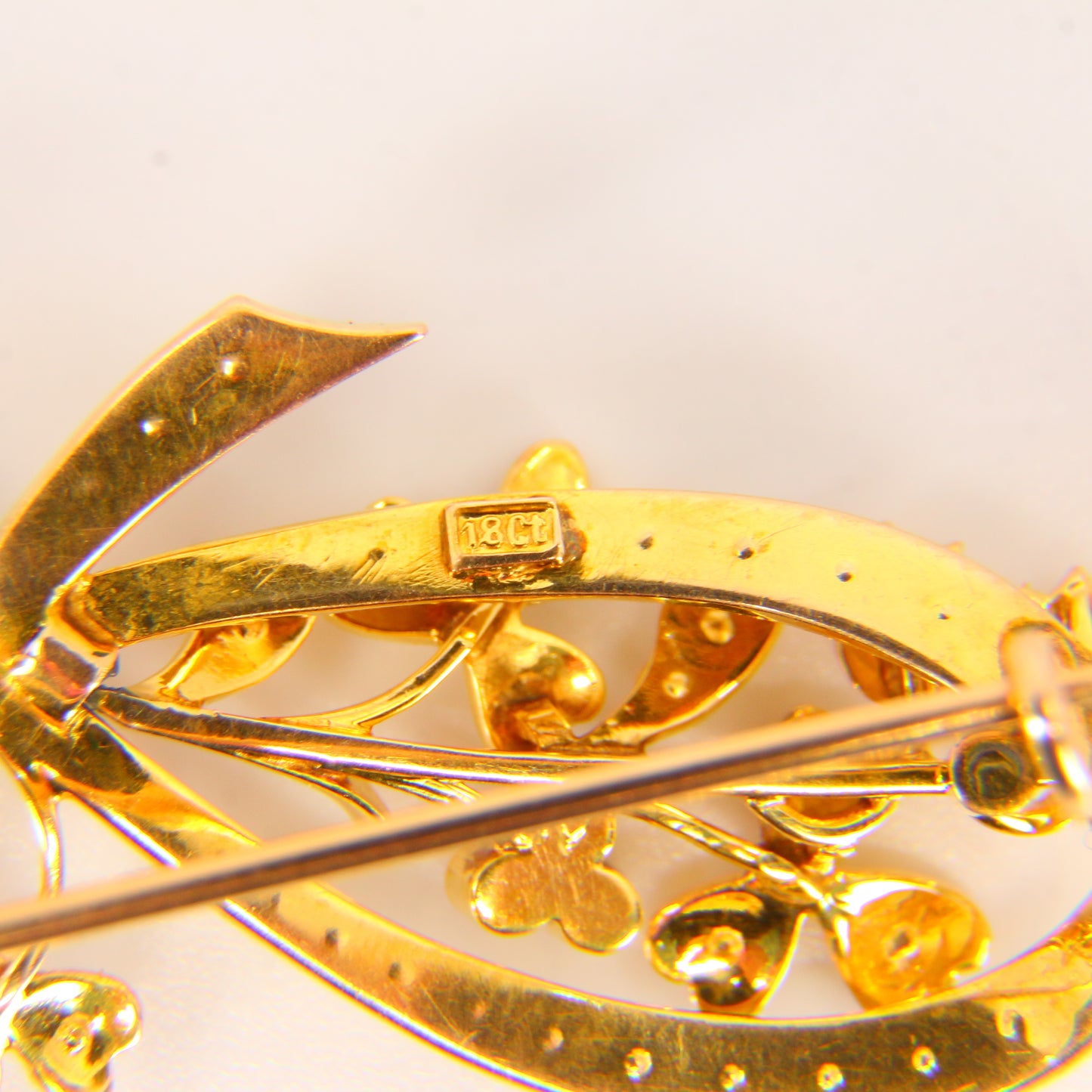 Antique 18ct Floral Bow Brooch 18 Carat Gold Pearl Dot Brooch Yellow Gold Boxed