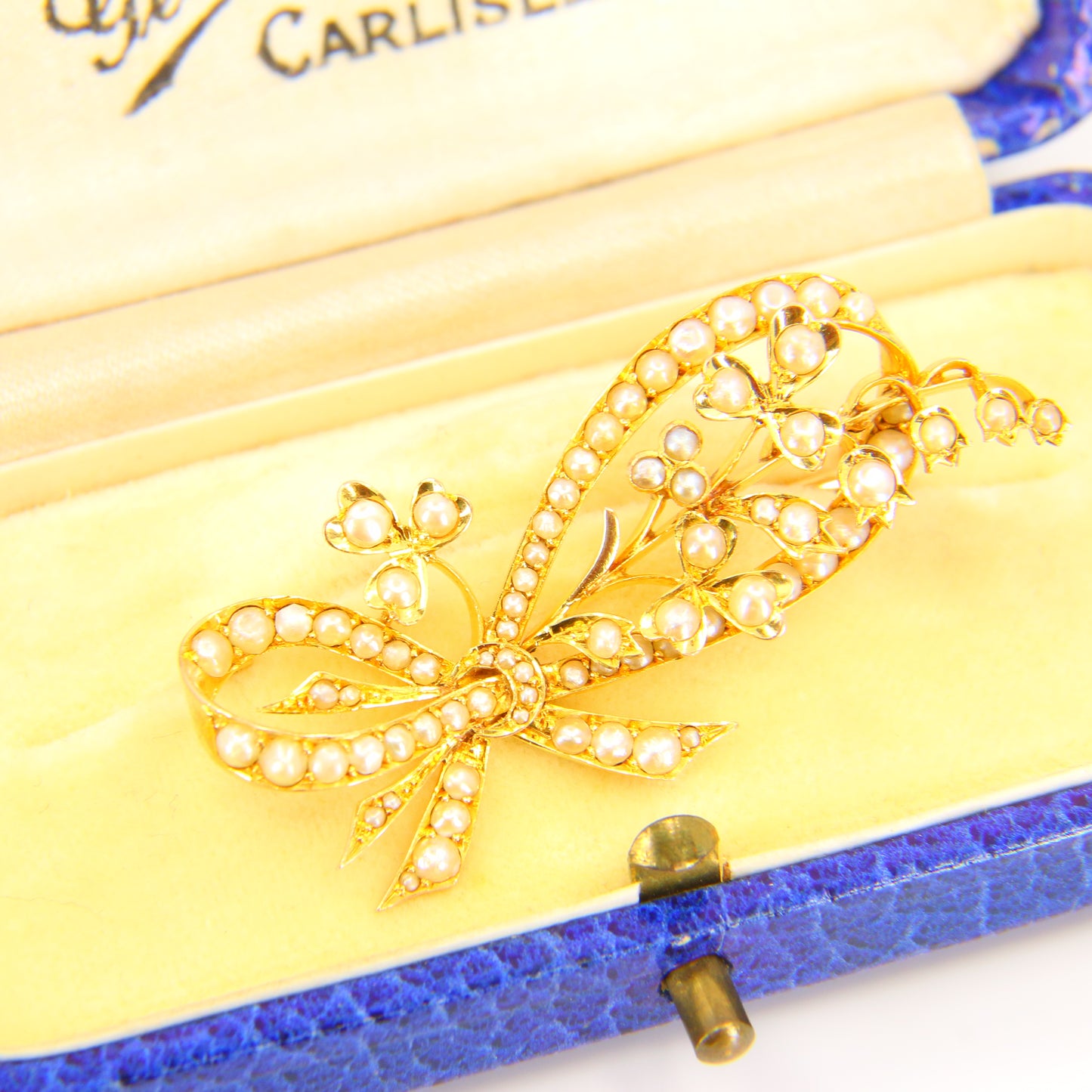 Antique 18ct Floral Bow Brooch 18 Carat Gold Pearl Dot Brooch Yellow Gold Boxed