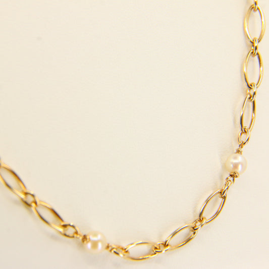 Vintage 9ct Pearl Necklace 18-inch Yellow Gold Figaro Pearl Chain Necklace Hallmarked