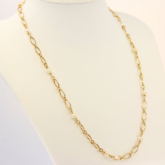 Vintage 9ct Pearl Necklace 18-inch Yellow Gold Figaro Pearl Chain Necklace Hallmarked