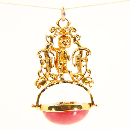 Vintage 9ct Rhodochrosite Cherub Spinner Pendant Hallmarked Yellow Gold Charm