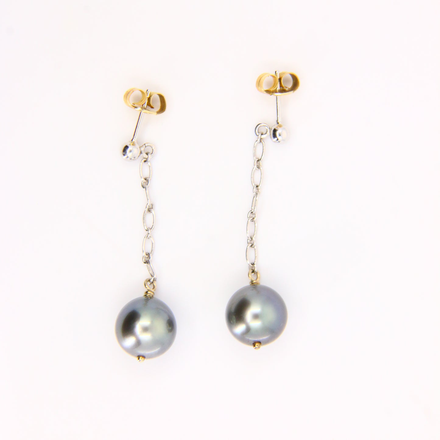 Vintage 18K Black Pearl Drop Earrings Dangle White Gold & Yellow Gold Clips