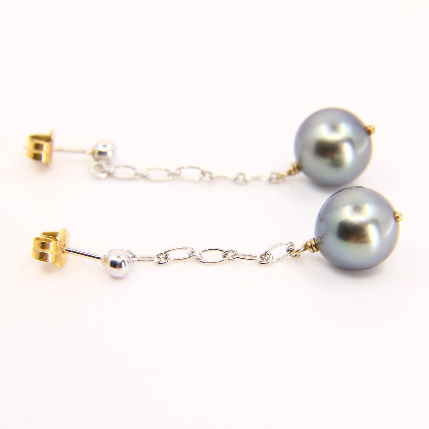 Vintage 18K Black Pearl Drop Earrings Dangle White Gold & Yellow Gold Clips