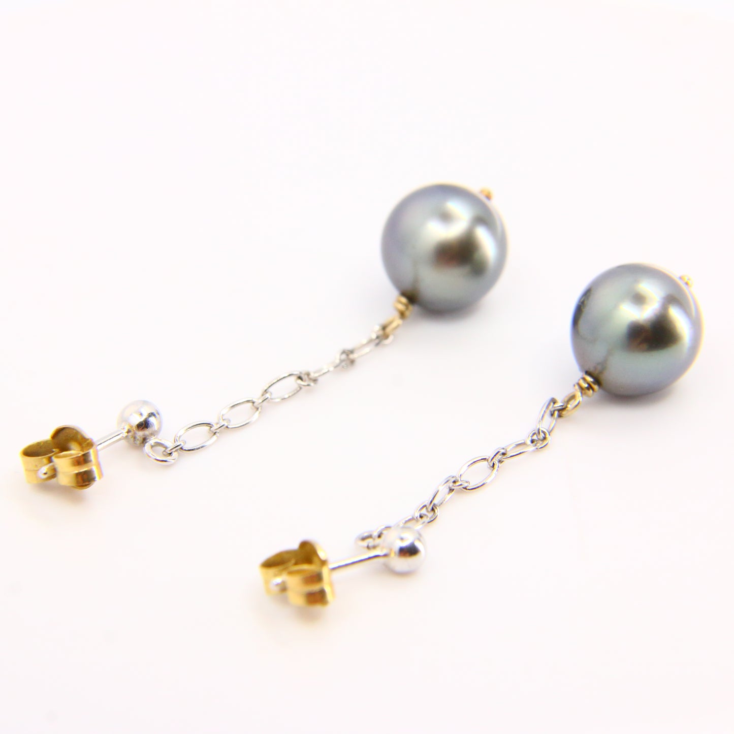 Vintage 18K Black Pearl Drop Earrings Dangle White Gold & Yellow Gold Clips