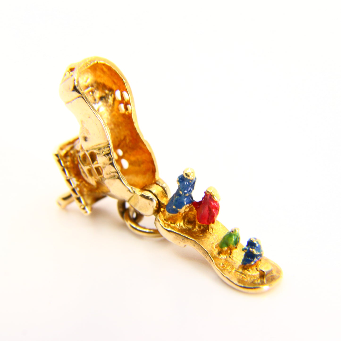 Vintage 9ct Gold Boot Opening Pendant Enamel Detailed Charm Folk Lore Yellow Gold Hallmarked