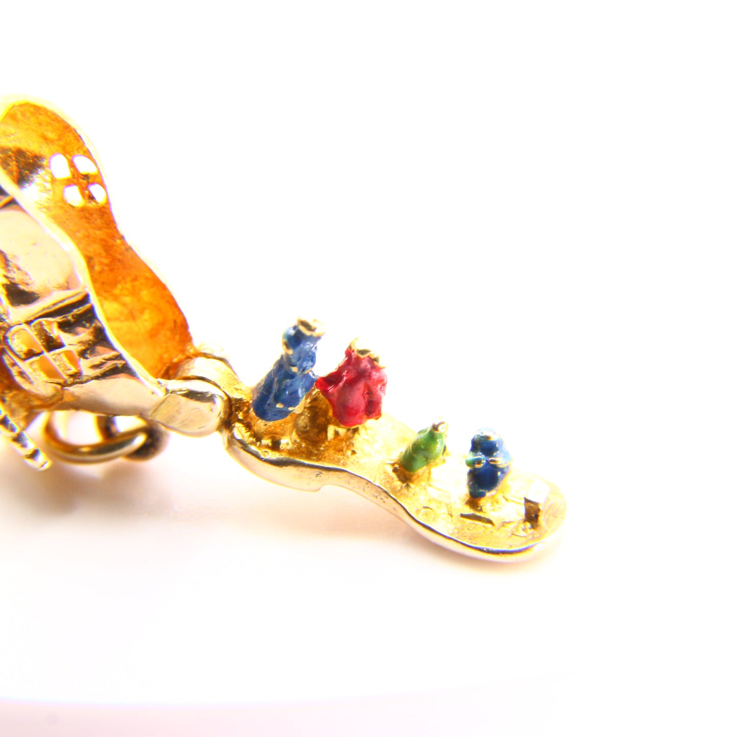 Vintage 9ct Gold Boot Opening Pendant Enamel Detailed Charm Folk Lore Yellow Gold Hallmarked