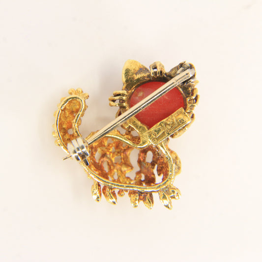 Vintage 18ct Gold Italian Cat Brooch 18k Yellow Gold Coral Ruby Eyes