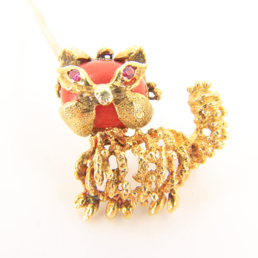 Vintage 18ct Gold Italian Cat Brooch 18k Yellow Gold Coral Ruby Eyes