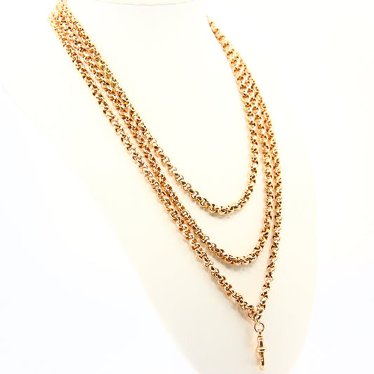 Antique 54" Long 9ct Gold Muff Guard Watch Chain Necklace Yellow Gold Hallmarked