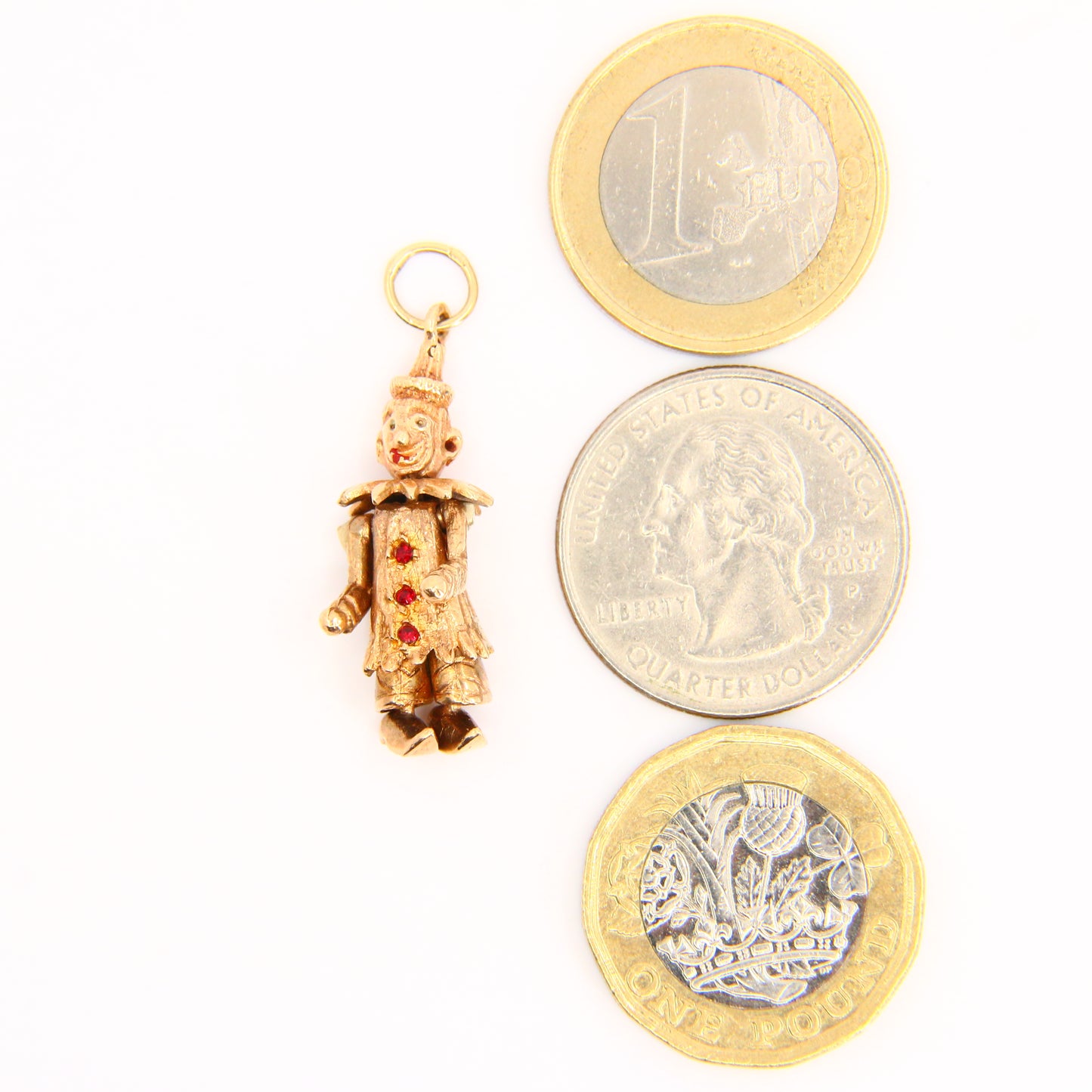 Vintage 9ct Articulated Clown Charm 3 Gem Yellow Gold Hallmarked Pendant