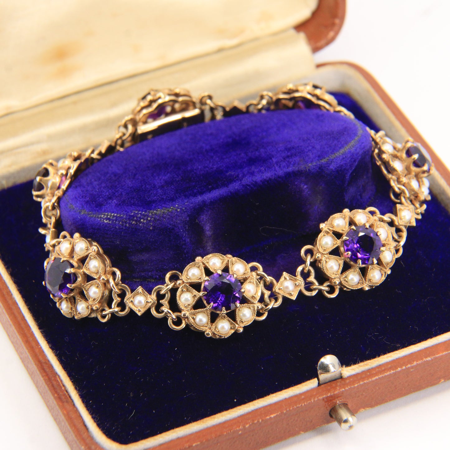 Antique 9ct Gold Hallmarked Scottish Bracelet Amethyst Seed Pearl Boxed Gift