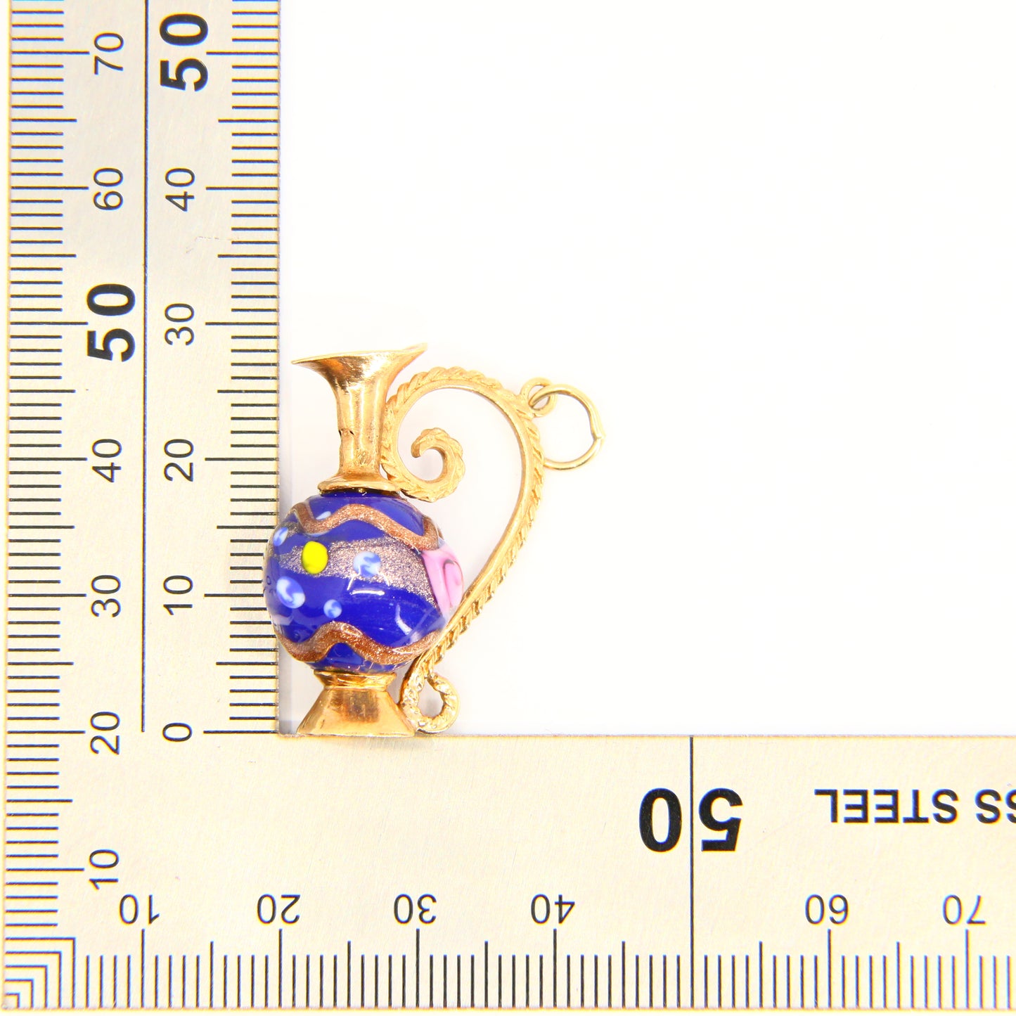 Vintage 9ct Enamel Ewer Jug Charm Hallmarked Yellow Gold Pendant Detailed Glass