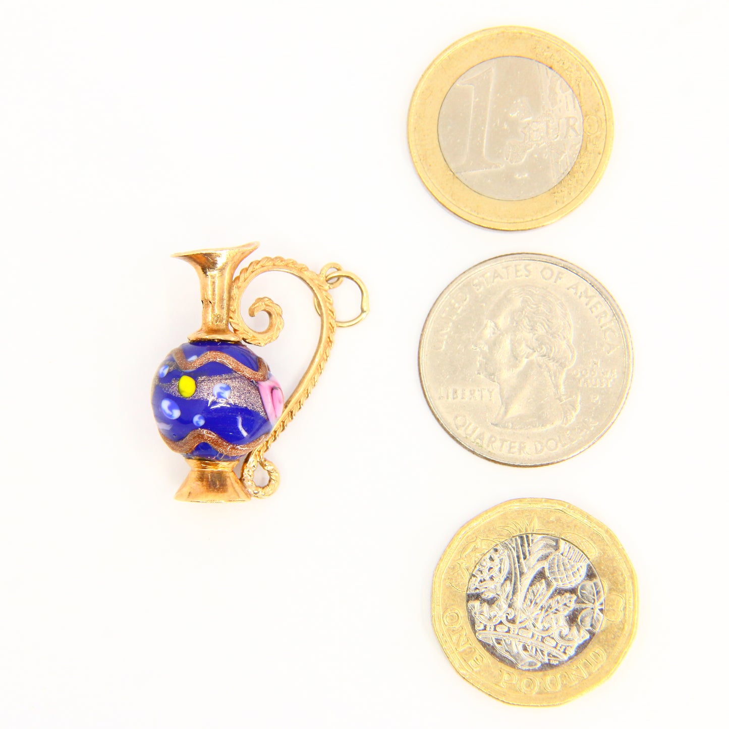 Vintage 9ct Enamel Ewer Jug Charm Hallmarked Yellow Gold Pendant Detailed Glass