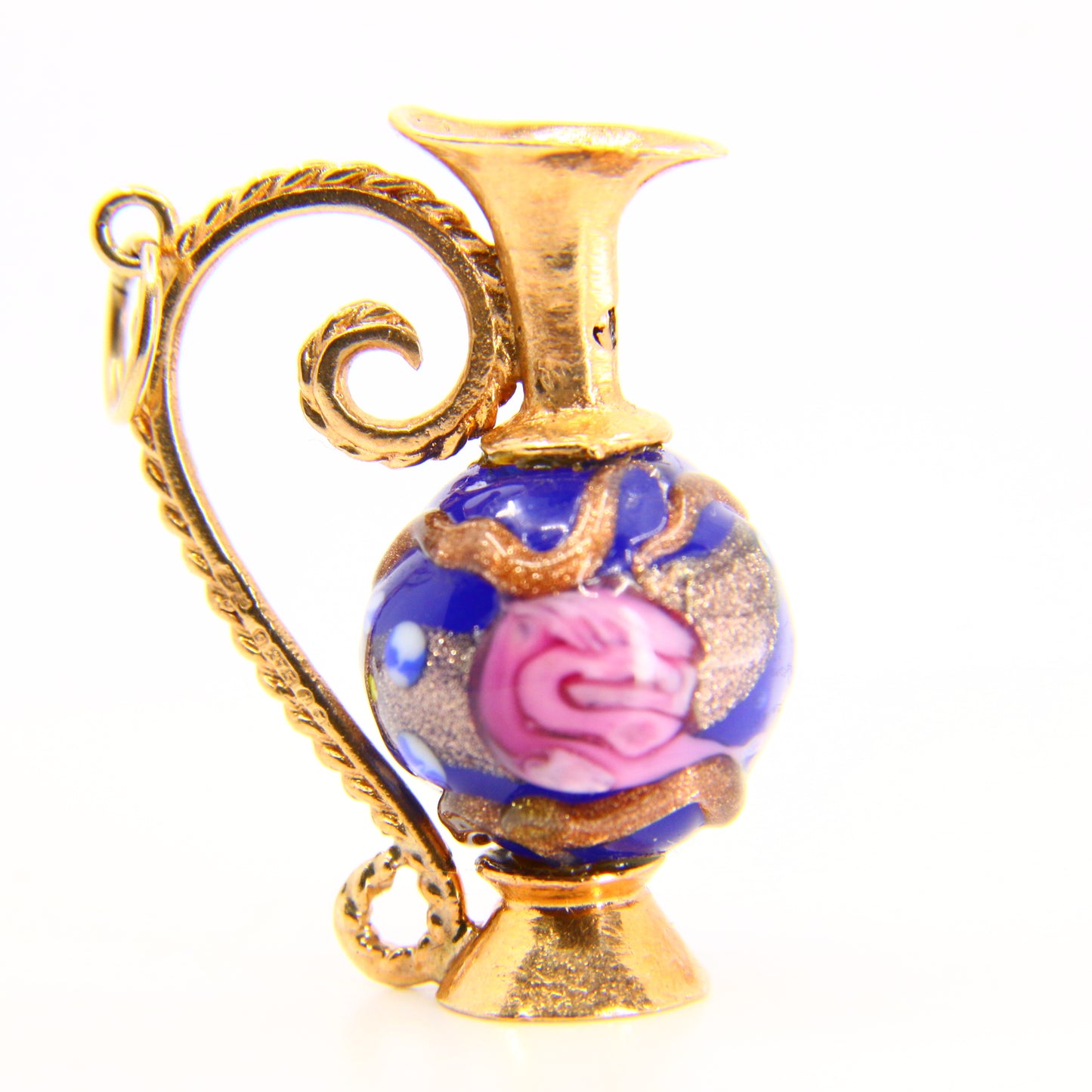 Vintage 9ct Enamel Ewer Jug Charm Hallmarked Yellow Gold Pendant Detailed Glass