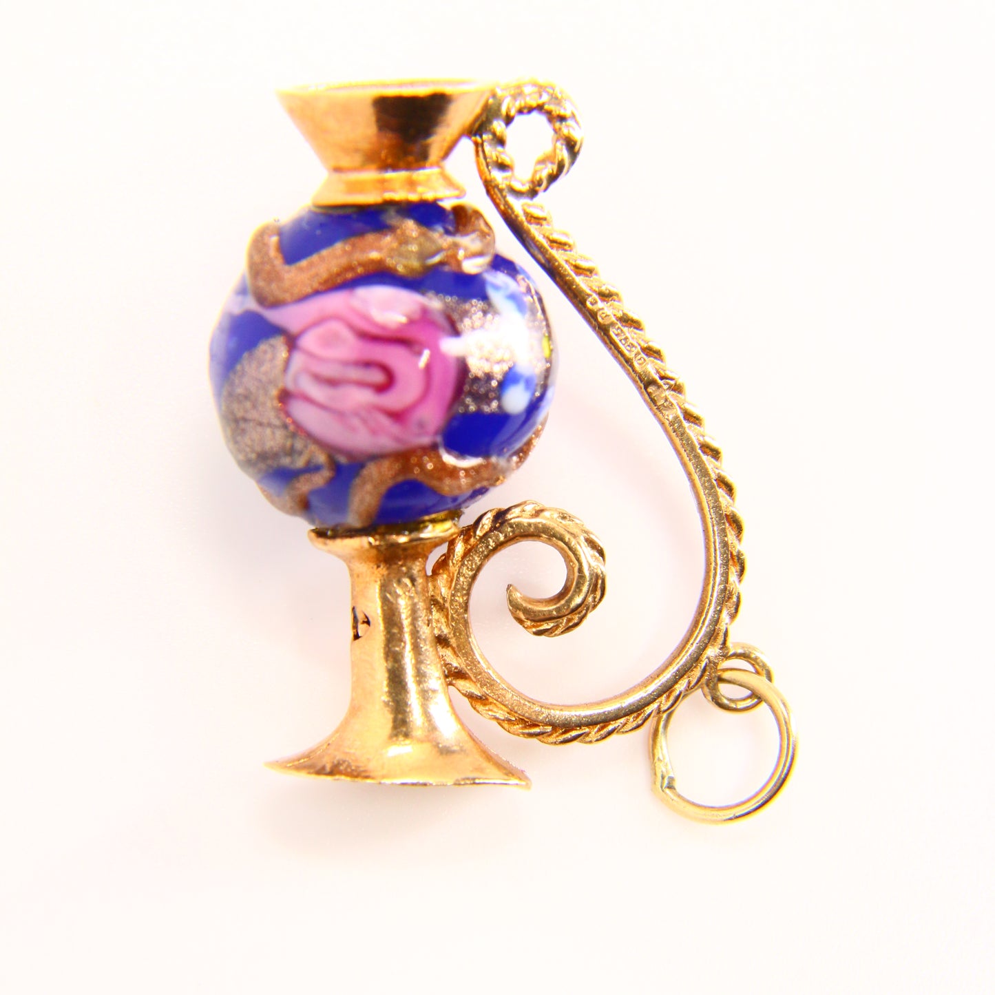 Vintage 9ct Enamel Ewer Jug Charm Hallmarked Yellow Gold Pendant Detailed Glass
