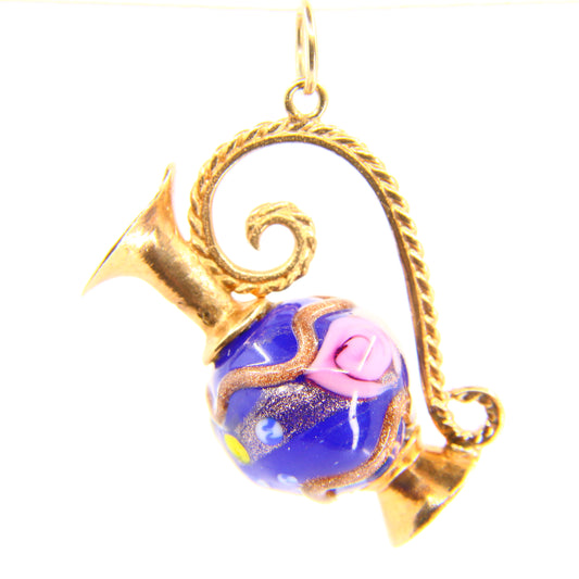 Vintage 9ct Enamel Ewer Jug Charm Hallmarked Yellow Gold Pendant Detailed Glass