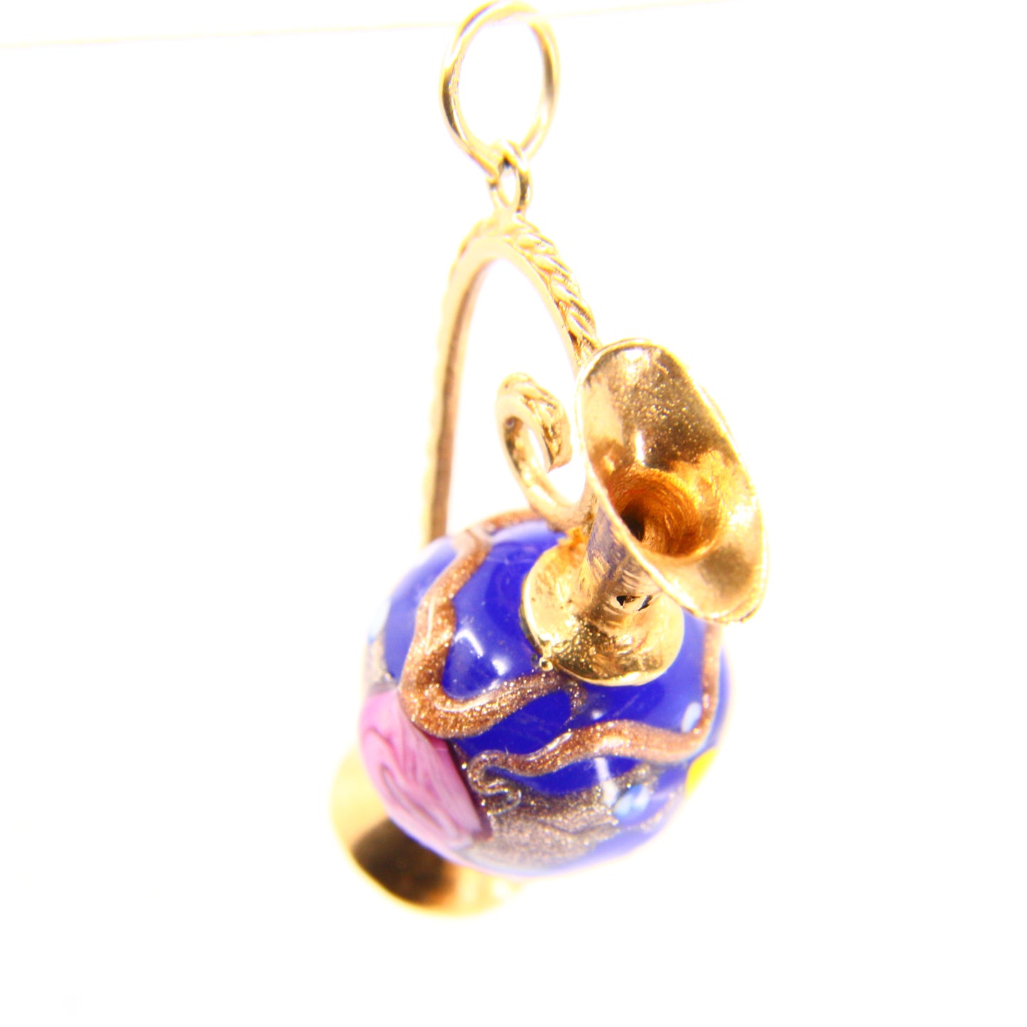 Vintage 9ct Enamel Ewer Jug Charm Hallmarked Yellow Gold Pendant Detailed Glass