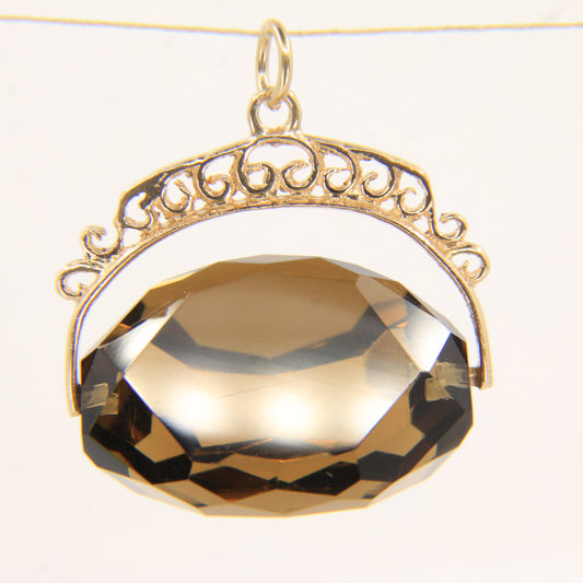Vintage 9ct Hallmarked Smokey Quartz Spinner Fob Pendant Yellow Gold Charm