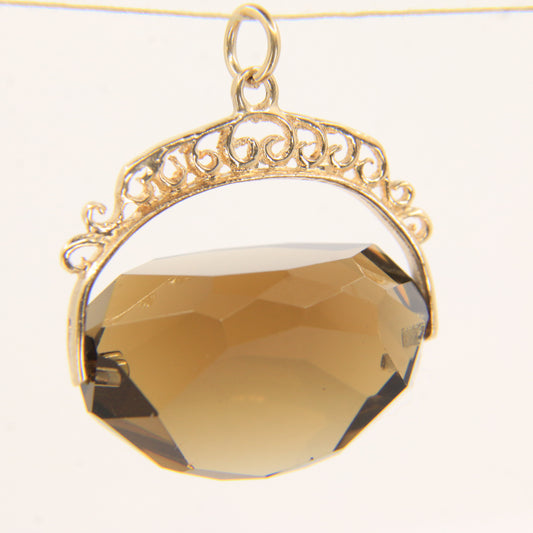 Vintage 9ct Hallmarked Smokey Quartz Spinner Fob Pendant Yellow Gold Charm