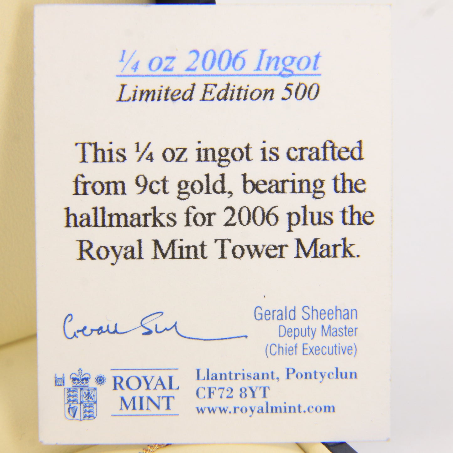 Vintage 9ct Gold 1/4 OZ Royal Mint Ingot Pendant 18 INCH Necklace 2006