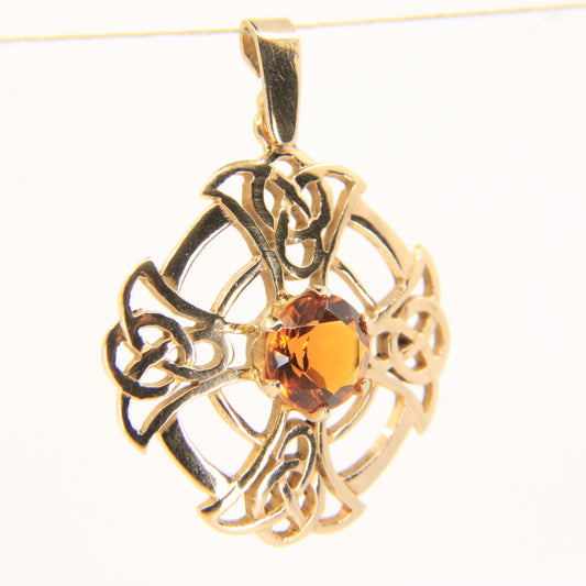 Vintage 9ct Hallmarked Citrine Celtic Cross Pendant Gold Charm
