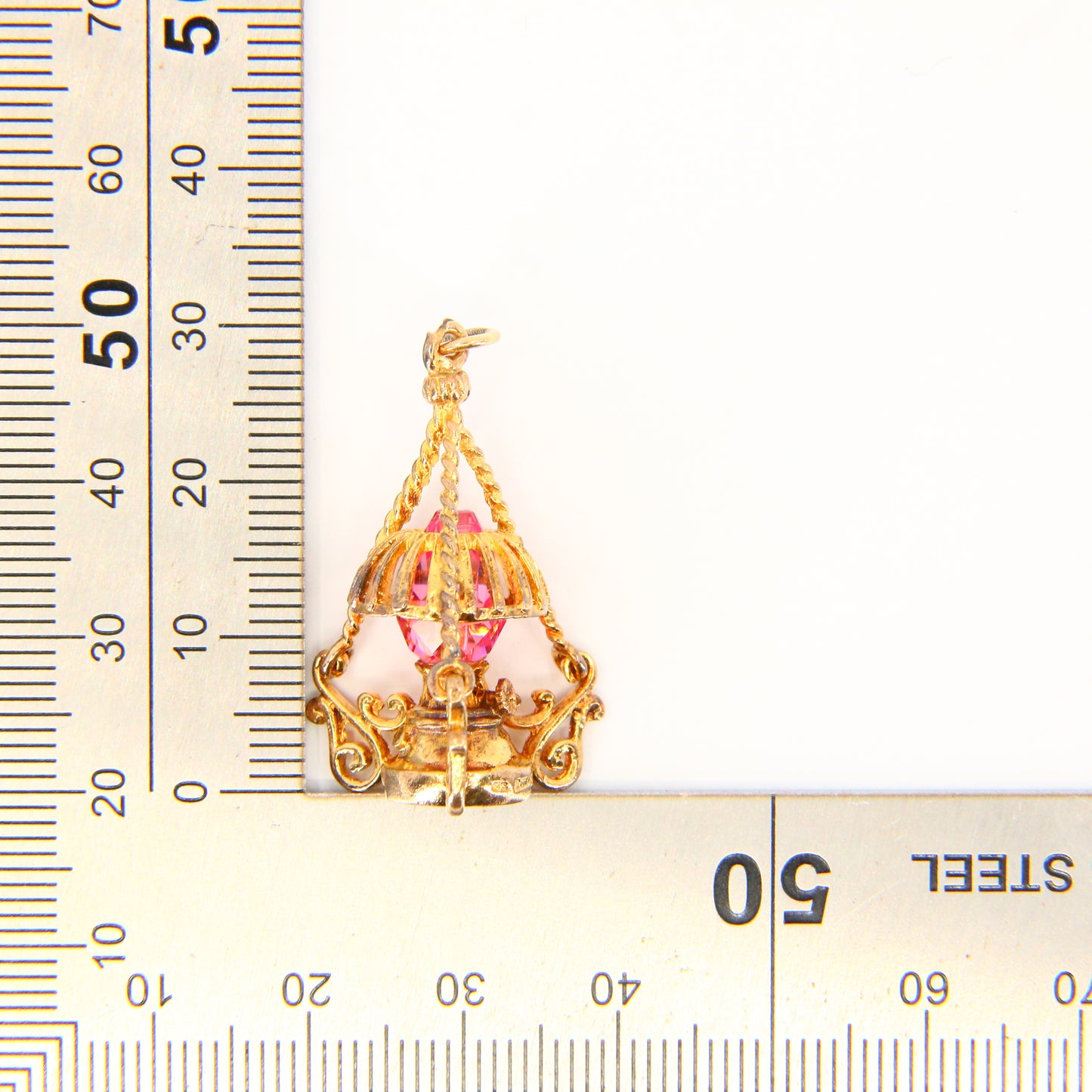 Vintage 9ct Pink Crystal Lantern Pendant Hallmarked Solid Gold 3D Oil Lamp Charm