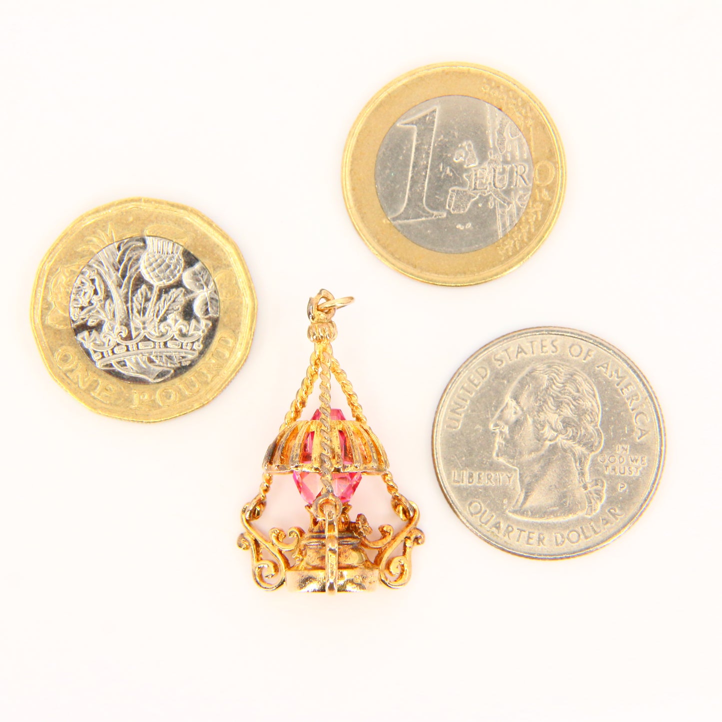 Vintage 9ct Pink Crystal Lantern Pendant Hallmarked Solid Gold 3D Oil Lamp Charm